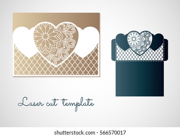 Openwork hearts with mandala pattern. Vector Laser cutting template for an envelope.
