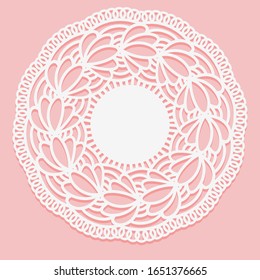 Openwork lace napkin. Template for laser cutting. Round Monochrome ornamental simple drawing. Vector illustration.