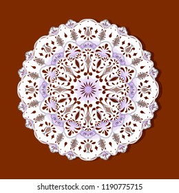Openwork lace round ornament on a brown background imitating a wooden surface.
