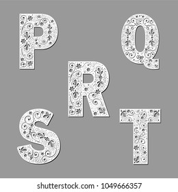 Openwork letters P,Q,R,S,T in paper style.Templates for laser cutting.