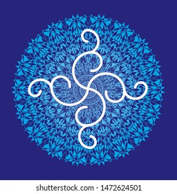 Openwork mandala in blue colors. Aum / Ohm / Om sign in the center. Spiritual and sacral symbol. Vector graphics art