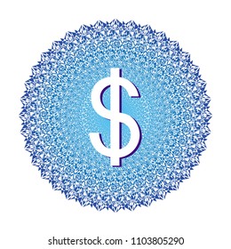 Openwork mandala in blue colors and dollar sign. Vector drawing.