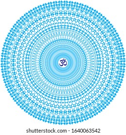 Сircle openwork mandala. Blue colors. Sign Aum / Om / Ohm in center. Spiritual esoteric symbol. Vector graphics art.