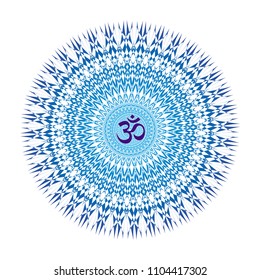 Openwork mandala in blue tones with the sign Aum / Om / Ohm. Circular ornament. Vector graphics.