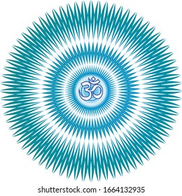 С ircle openwork mandala. Blau und Türkis. Unterschreiben Sie Aum / Om / Ohm in der Mitte. Spirituelles esoterisches Symbol. Vektorillustration-Grafik.