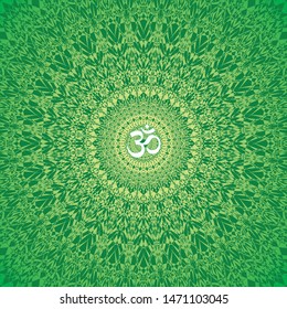 Openwork mandala in green colors. Aum / Ohm / Om sign in the center. Spiritual and sacral symbol. Vector graphics.