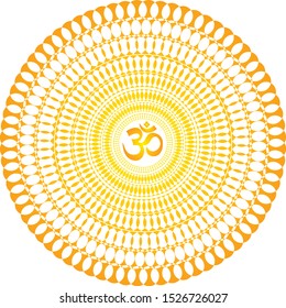 Сircle openwork mandala. Orange  and yellow colors. Sign Aum / Om / Ohm in center. Spiritual esoteric symbol. Vector graphics art.