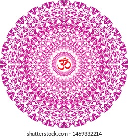 Openwork mandala in purple and red colors. Aum / Ohm / Om sign in the center. Spiritual and sacral symbol. Vector graphics.