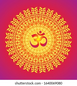 Сircle openwork mandala. Purple, yellow, red colors. Sign Aum / Om / Ohm in center. Spiritual esoteric symbol. Vector graphics art.