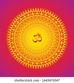 С orden de apertura del ciclo. Púrpura, amarillo, rojo. Signo Aum / Om / Ohm en el centro. Símbolo esotérico espiritual. Arte gráfico vectorial.