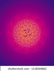 Openwork mandala in red, purple, violet, pink tones with the Aum / Ohm / Om sign. Vector picture.