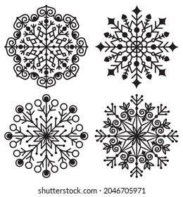 Openwork Mandala snowflake with an ornament, black stencil on a white background