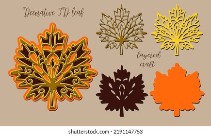 Openwork maple leaf. 3D design for laser cutting. Multi-layer decorative craft.