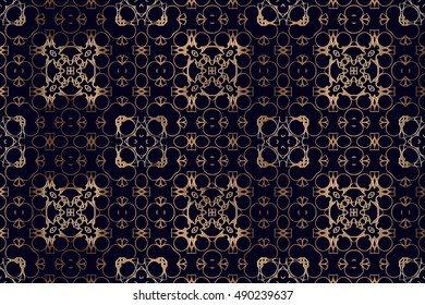 Openwork mesh abstract gold pattern Victorian on a dark blue background