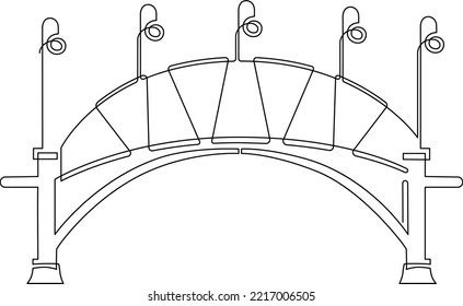 Openwork metal bridge in the medieval style over the river. Lanterns on the bridge.. Continuous line drawing. Vector illustration.