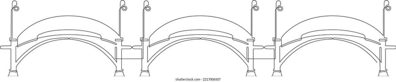 Openwork metal bridge in the medieval style over the river. Lanterns on the bridge.. Continuous line drawing. Vector illustration.