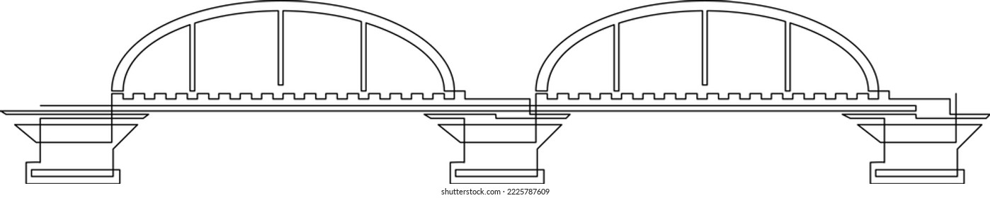 Openwork metal bridge in the medieval style over the river. Lanterns on the bridge.. Continuous line drawing. Vector illustration.