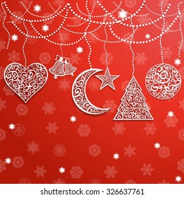 Openwork moon, heart, star, christmas tree and ball on red winter background