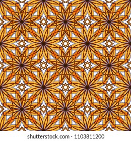 Openwork motley pattern of yellow, blue and brown colors for a tablecloth, napkins. Tracery blue seamless pattern. Vector ilustration.