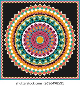 Openwork multicolored mandala with complex intertwining ornament on black background. Design for bandana, blanket, tablecloth, neckerchief or other. Vector illustration