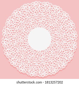 servilleta abierta. Enciende el marco alrededor del elemento doily sobre el fondo rosado. Ornamento blanco monocromo de rizos. Ilustración vectorial.
