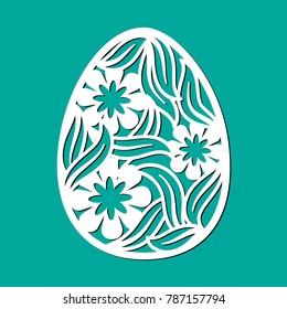 Openwork oval with a lace ornament. Laser cutting template. Happy Easter egg with floral pattern, flowers, leaves. Vector silhouette of element. Illustration isolated on green background.