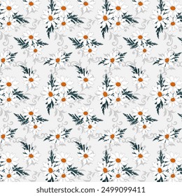 Openwork pattern with daisies.Vector seamless pattern with white daisies on a gray openwork background.