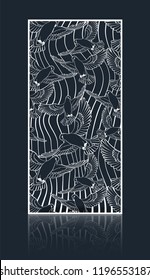 Openwork privacy panel for laser cutting. A through-pattern vinyl board for interior design. Screen, wall, doorway with a pattern of flying birds. Vector illustration.