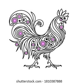Openwork rooster illustration in black and white line graphics. Decorating with pink crystals. Vector illustration.