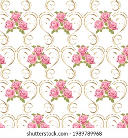 Apertura y rosas en un patrón.Ornamento dorado con rosas en patrón vector de color.
