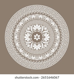 Abertura de quadro redondo em estilo grego antigo em um fundo de ouro. Meandro grego. Ornamento redondo. Padrões da Grécia, Roma Antiga. Estilo grego vetorial. Para têxteis, bordados, porcelana, cerâmica