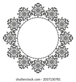 Marco redondo de apertura. Ornamento con rizos en forma de círculo. Blanco y negro. Árabe para la decoración de cartas e invitaciones.