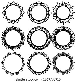 Openwork round frames with black outline, vector isolated illustration, design, decoration, wedding and greeting cards, logos, paper scrapbooking