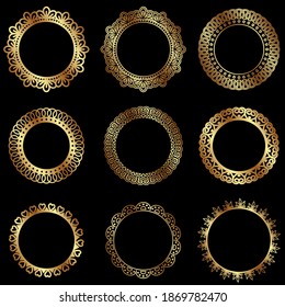 Openwork round frames color gold, vector isolated illustration, design, decoration, wedding and greeting cards, logos, paper scrapbooking