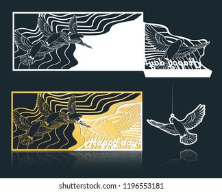 Openwork silhouette for laser cutting. Through template for gift envelope and liner. Festive envelope and invitation or greeting card with a pattern of flying birds. Vector illustration.