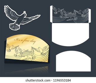 Openwork silhouette for laser cutting. Through template for gift envelope and liner. Festive envelope and invitation or greeting card with a pattern of flying birds. Vector illustration.