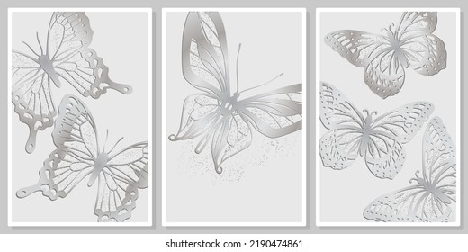 Openwork silver butterflies on a light gray background wall art vector set, for wall art, poster, wallpaper, print