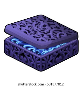 Openwork slightly opened casket purple color filled of jewelry close-up isolated on white background. Vector illustration.