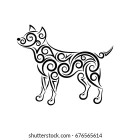 Openwork smiling dog silhouette made of separate lines, spirals and swirls. Symbol of the year 2018. Black and white, easy to recolor. Vector illustration.