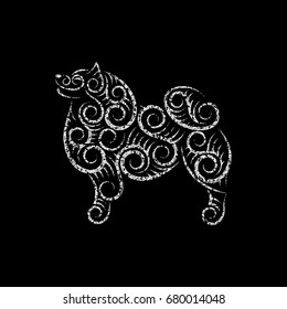 Openwork smiling dog silhouette made of separate lines, spirals and swirls. Symbol of the year 2018. Silver glitter on black background. Vector illustration.