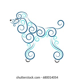 Openwork smiling dog silhouette made of separate elements spirals and swirls. Stylized curly poodle. Symbol of the year 2018. Blue colors, easy to recolor. Vector illustration.