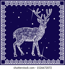 Openwork snow deer on a dark background. New Year concept.