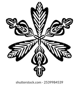 Openwork snowflakes in linocut style, lace folk motifs Scandinavian style, vector isolated element