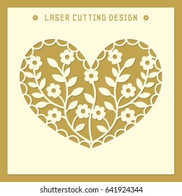 Openwork square card with heart silhouette, flowers and leaves. Laser cutting template pattern. Beautiful vector design for greeting cards, stencil, wedding favor box, gift box, paper, wood cutting.