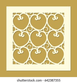 Openwork square card with hearts silhouettes. Laser cutting template pattern. Beautiful vector design for various celebrations, greeting cards, wedding favor box, gift box,  paper, wood cutting.