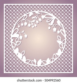 Openwork square card with lilies of the valley. Laser cutting template for greeting cards, envelopes, invitations, interior decorative elements.