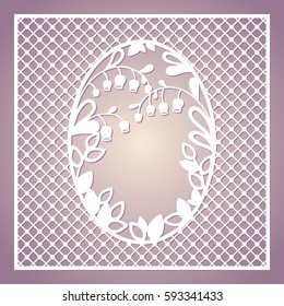 Openwork square card with lilies of the valley. Laser cutting template for greeting cards, envelopes, invitations, interior decorative elements.