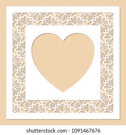 Openwork square frame with flowers and heart inside. Laser cutting template for greeting cards, envelopes, wedding invitations.