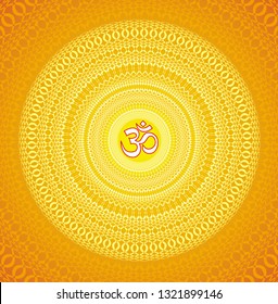 Openwork square mandala with Aum / Ohm / Om sign in the center. Circular ornament in orange and yellow tones. Vector graphics.