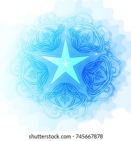 Openwork star on a blue background. Blue blurred spot on white background. Vector ornament. A blue cloud. The shape of the star. Five-pointed star. Vector graphics. Shine.